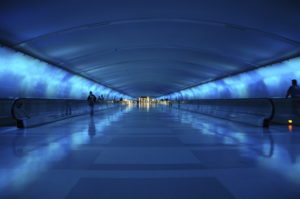 beautiful blue tunnel in detroit airport terminal